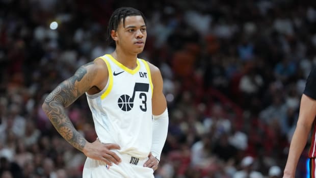 Mar 2, 2024; Miami, Florida, USA; Utah Jazz guard Keyonte George (3) during the second half against the Miami Heat at Kaseya Center. 
